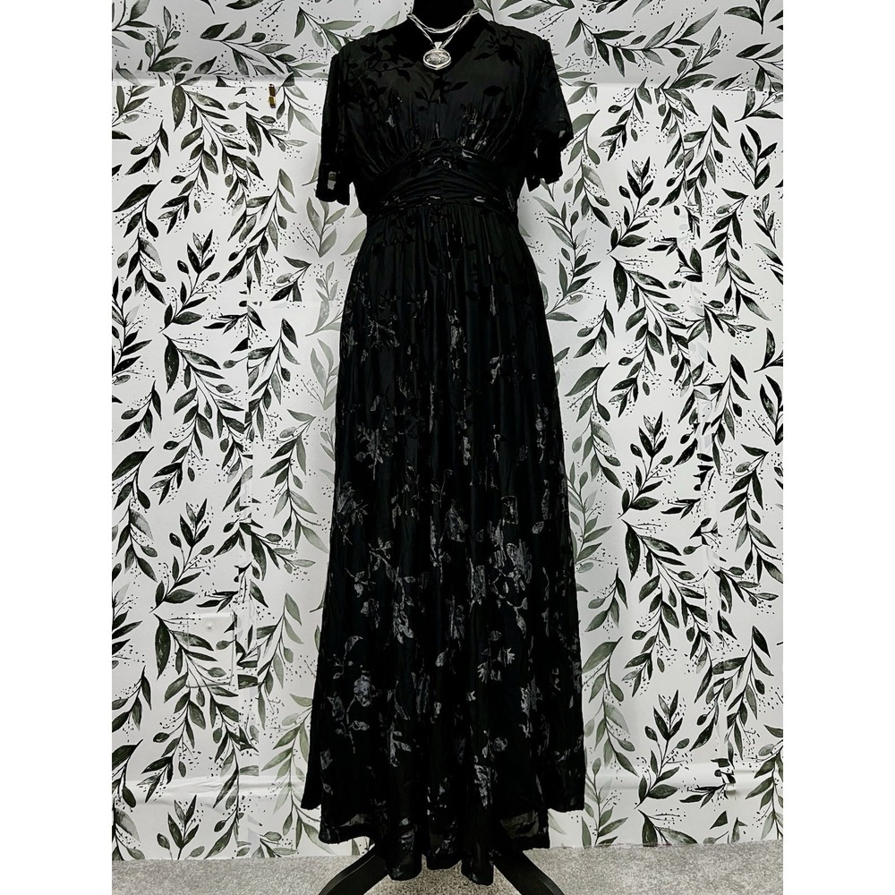 Black Floral V Neck Velvet Maxi Dress Empire Waist Sz S Long Classic Formal #9/B